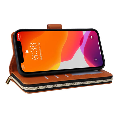 For iPhone 12 / 12 Pro Nine-card Slots Zipper Wallet Bag Leather Phone Case(Brown) - iPhone 12 / 12 Pro Cases by buy2fix | Online Shopping UK | buy2fix