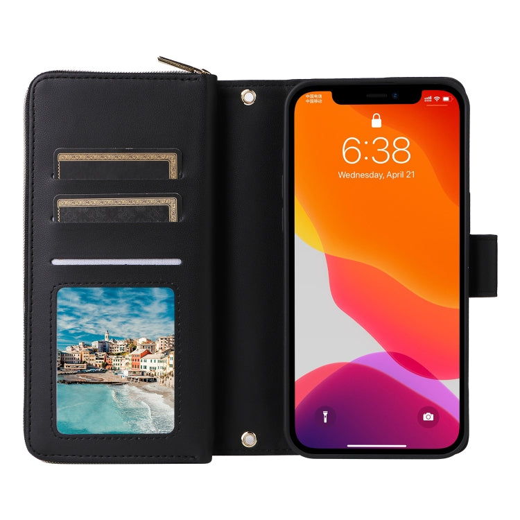 For iPhone 12 / 12 Pro Nine-card Slots Zipper Wallet Bag Leather Phone Case(Black) - iPhone 12 / 12 Pro Cases by buy2fix | Online Shopping UK | buy2fix