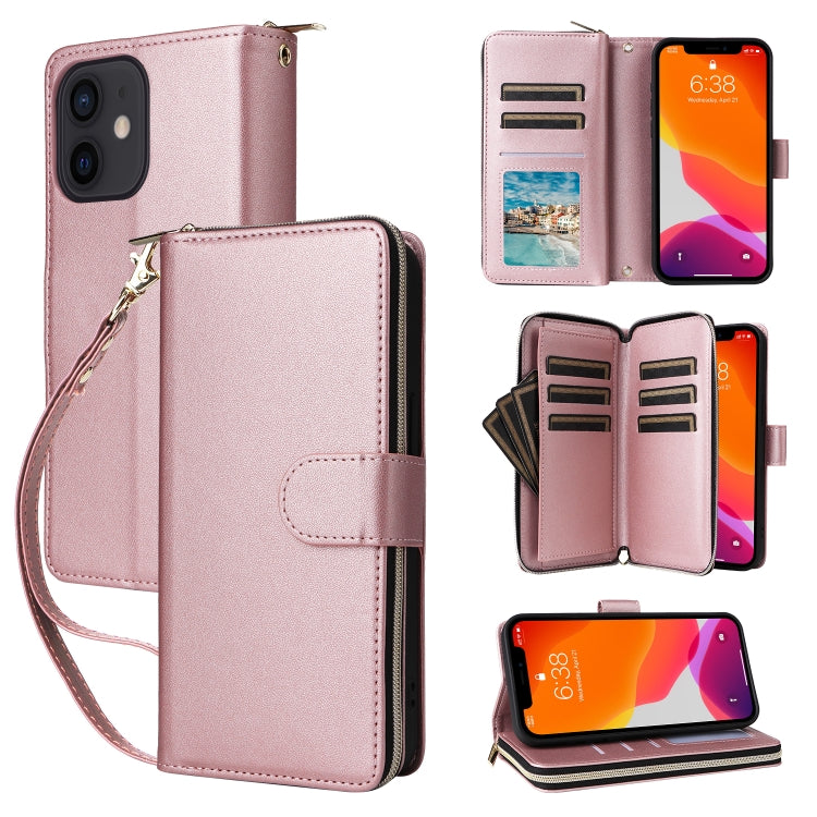 For iPhone 12 / 12 Pro Nine-card Slots Zipper Wallet Bag Leather Phone Case(Rose Gold) - iPhone 12 / 12 Pro Cases by buy2fix | Online Shopping UK | buy2fix