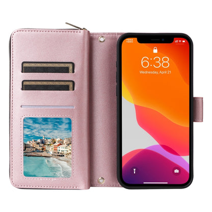 For iPhone 12 / 12 Pro Nine-card Slots Zipper Wallet Bag Leather Phone Case(Rose Gold) - iPhone 12 / 12 Pro Cases by buy2fix | Online Shopping UK | buy2fix
