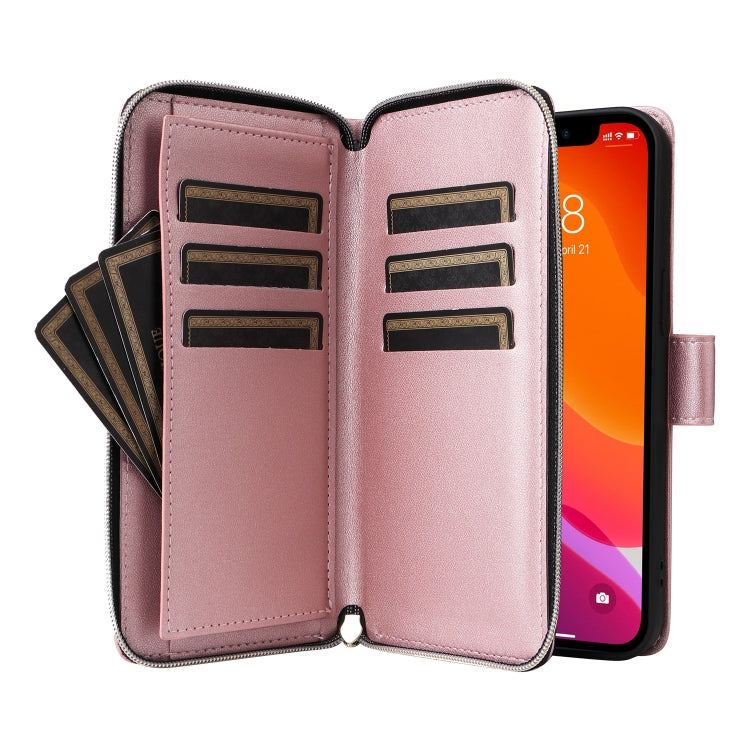 For iPhone 12 / 12 Pro Nine-card Slots Zipper Wallet Bag Leather Phone Case(Rose Gold) - iPhone 12 / 12 Pro Cases by buy2fix | Online Shopping UK | buy2fix