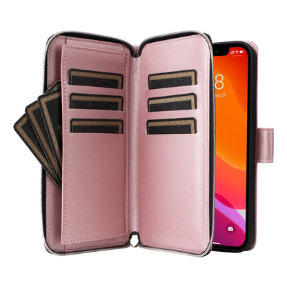 For iPhone 12 / 12 Pro Nine-card Slots Zipper Wallet Bag Leather Phone Case(Rose Gold) - iPhone 12 / 12 Pro Cases by buy2fix | Online Shopping UK | buy2fix