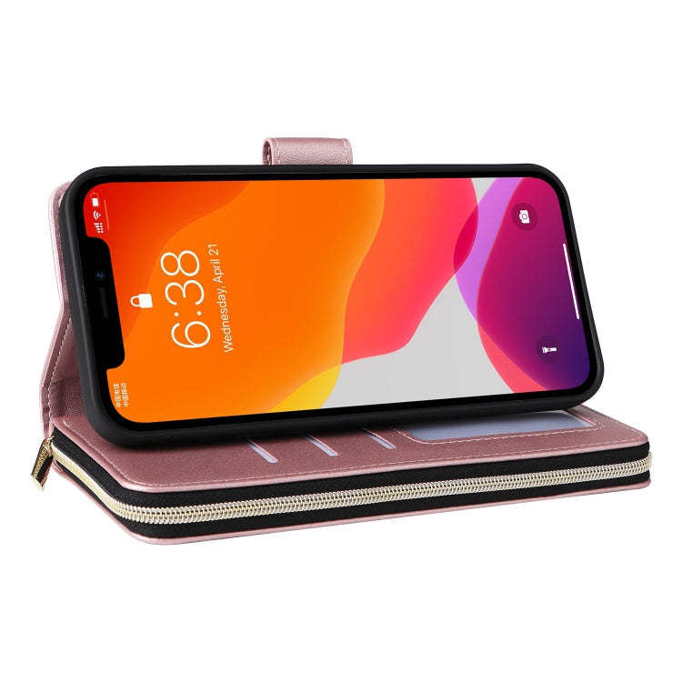 For iPhone 12 / 12 Pro Nine-card Slots Zipper Wallet Bag Leather Phone Case(Rose Gold) - iPhone 12 / 12 Pro Cases by buy2fix | Online Shopping UK | buy2fix