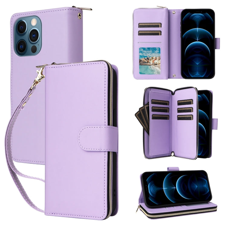 For iPhone 12 Pro Max Nine-card Slots Zipper Wallet Bag Leather Phone Case(Light Purple) - iPhone 12 Pro Max Cases by buy2fix | Online Shopping UK | buy2fix
