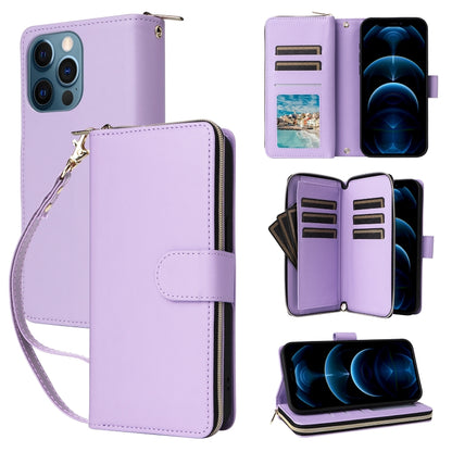 For iPhone 12 Pro Max Nine-card Slots Zipper Wallet Bag Leather Phone Case(Light Purple) - iPhone 12 Pro Max Cases by buy2fix | Online Shopping UK | buy2fix