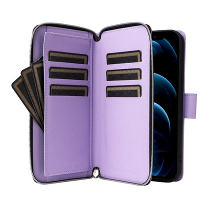 For iPhone 12 Pro Max Nine-card Slots Zipper Wallet Bag Leather Phone Case(Light Purple) - iPhone 12 Pro Max Cases by buy2fix | Online Shopping UK | buy2fix