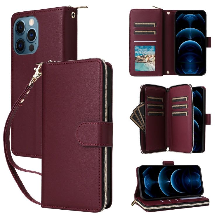 For iPhone 12 Pro Max Nine-card Slots Zipper Wallet Bag Leather Phone Case(Wine Red) - iPhone 12 Pro Max Cases by buy2fix | Online Shopping UK | buy2fix