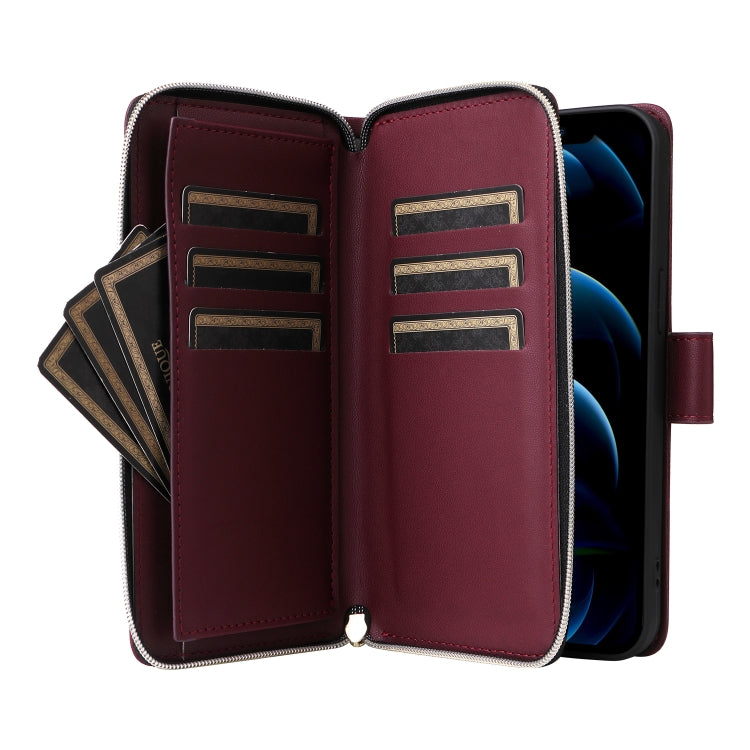For iPhone 12 Pro Max Nine-card Slots Zipper Wallet Bag Leather Phone Case(Wine Red) - iPhone 12 Pro Max Cases by buy2fix | Online Shopping UK | buy2fix