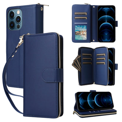 For iPhone 12 Pro Max Nine-card Slots Zipper Wallet Bag Leather Phone Case(Blue) - iPhone 12 Pro Max Cases by buy2fix | Online Shopping UK | buy2fix
