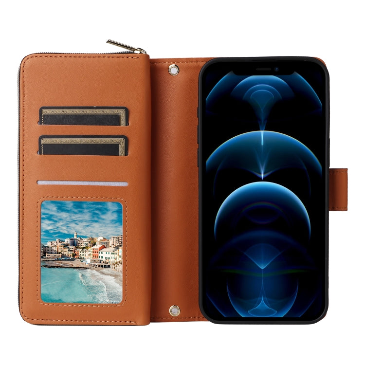 For iPhone 12 Pro Max Nine-card Slots Zipper Wallet Bag Leather Phone Case(Brown) - iPhone 12 Pro Max Cases by buy2fix | Online Shopping UK | buy2fix