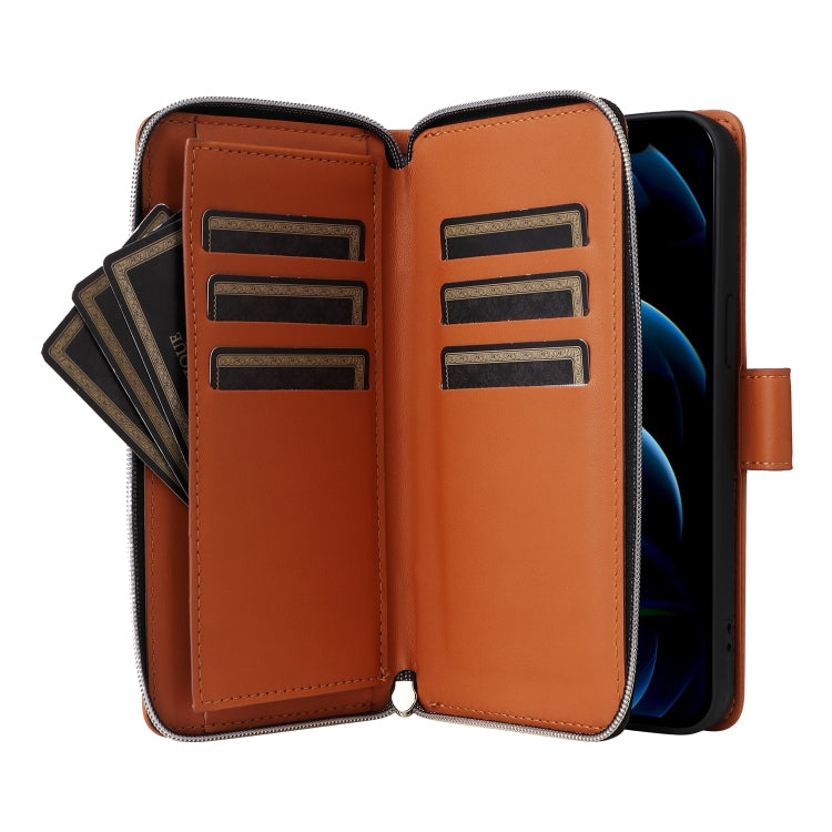 For iPhone 12 Pro Max Nine-card Slots Zipper Wallet Bag Leather Phone Case(Brown) - iPhone 12 Pro Max Cases by buy2fix | Online Shopping UK | buy2fix