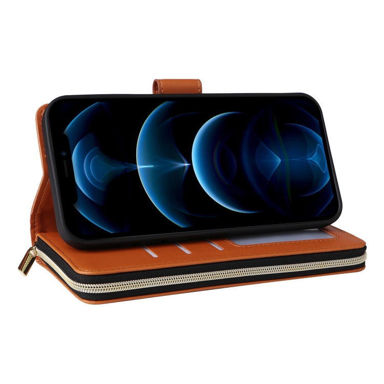 For iPhone 12 Pro Max Nine-card Slots Zipper Wallet Bag Leather Phone Case(Brown) - iPhone 12 Pro Max Cases by buy2fix | Online Shopping UK | buy2fix