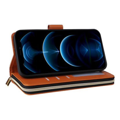 For iPhone 12 Pro Max Nine-card Slots Zipper Wallet Bag Leather Phone Case(Brown) - iPhone 12 Pro Max Cases by buy2fix | Online Shopping UK | buy2fix