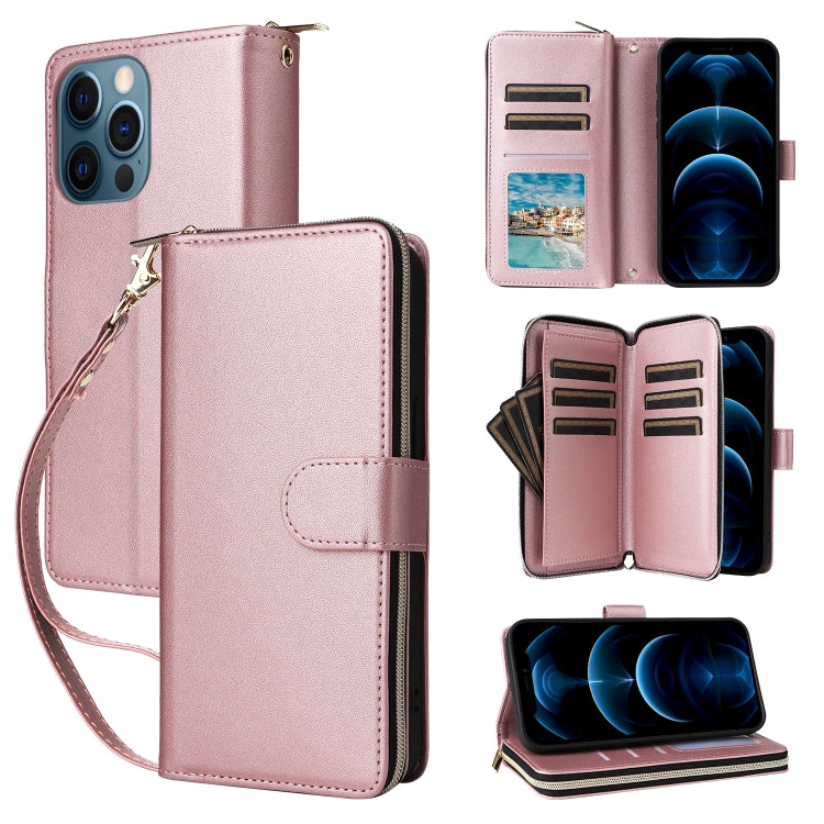 For iPhone 12 Pro Max Nine-card Slots Zipper Wallet Bag Leather Phone Case(Rose Gold) - iPhone 12 Pro Max Cases by buy2fix | Online Shopping UK | buy2fix