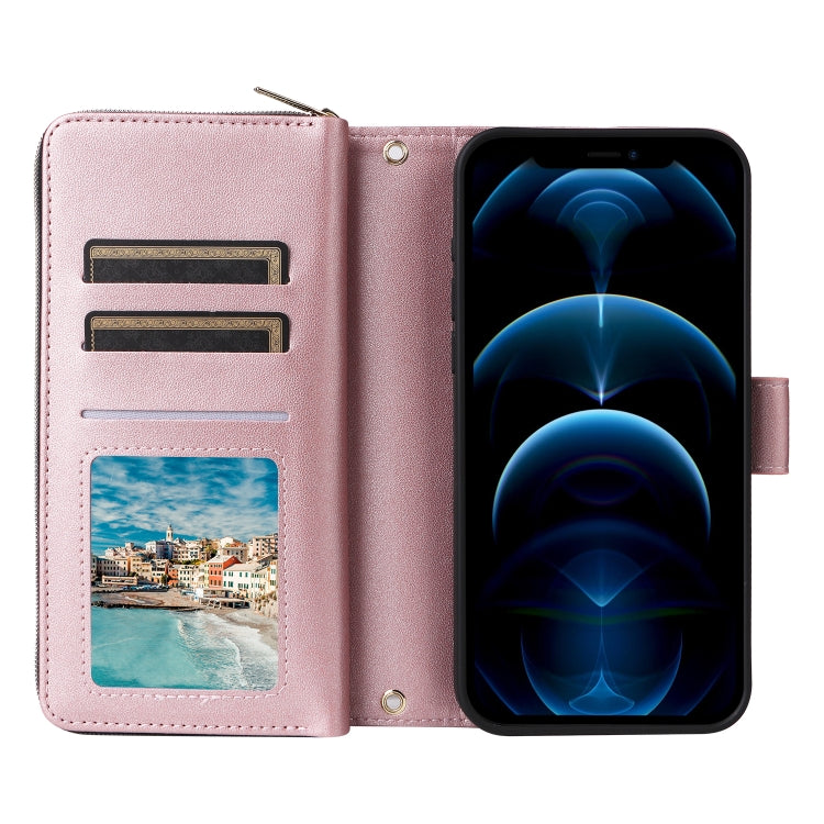 For iPhone 12 Pro Max Nine-card Slots Zipper Wallet Bag Leather Phone Case(Rose Gold) - iPhone 12 Pro Max Cases by buy2fix | Online Shopping UK | buy2fix