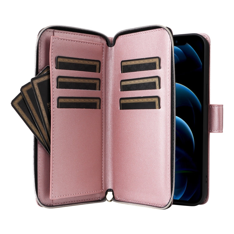 For iPhone 12 Pro Max Nine-card Slots Zipper Wallet Bag Leather Phone Case(Rose Gold) - iPhone 12 Pro Max Cases by buy2fix | Online Shopping UK | buy2fix