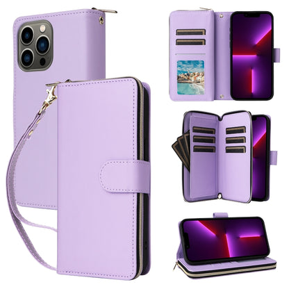 For iPhone 13 Pro Nine-card Slots Zipper Wallet Bag Leather Phone Case(Light Purple) - iPhone 13 Pro Cases by buy2fix | Online Shopping UK | buy2fix