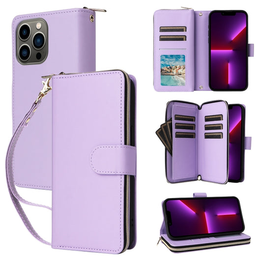 For iPhone 13 Pro Nine-card Slots Zipper Wallet Bag Leather Phone Case(Light Purple) - iPhone 13 Pro Cases by buy2fix | Online Shopping UK | buy2fix