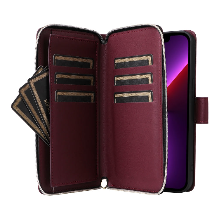 For iPhone 13 Pro Nine-card Slots Zipper Wallet Bag Leather Phone Case(Wine Red) - iPhone 13 Pro Cases by buy2fix | Online Shopping UK | buy2fix