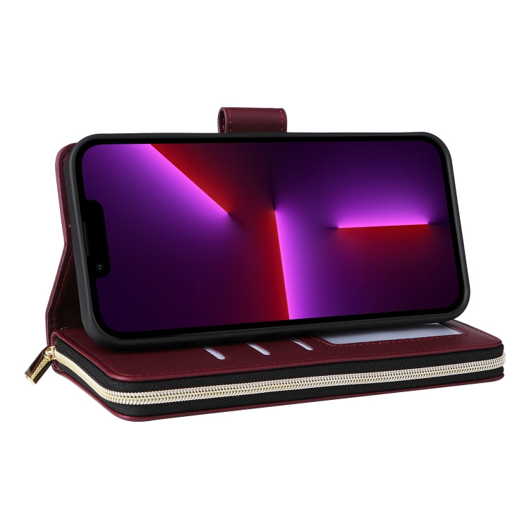 For iPhone 13 Pro Nine-card Slots Zipper Wallet Bag Leather Phone Case(Wine Red) - iPhone 13 Pro Cases by buy2fix | Online Shopping UK | buy2fix