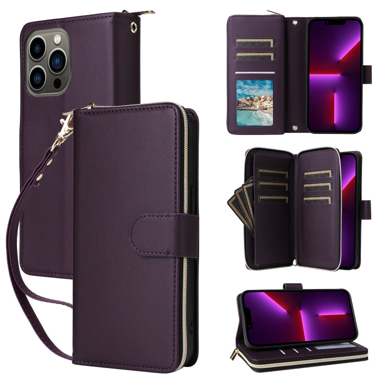 For iPhone 13 Pro Nine-card Slots Zipper Wallet Bag Leather Phone Case(Dark Purple) - iPhone 13 Pro Cases by buy2fix | Online Shopping UK | buy2fix