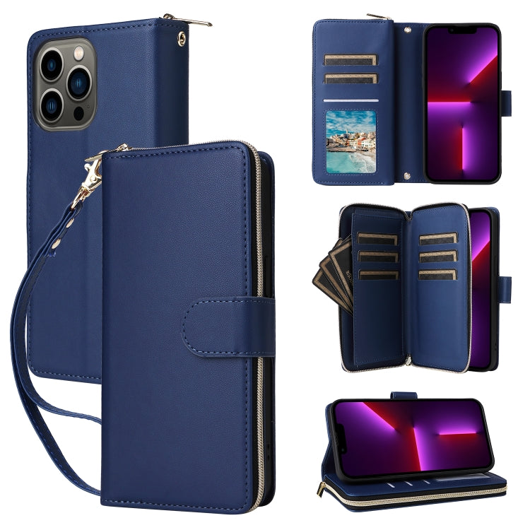 For iPhone 13 Pro Nine-card Slots Zipper Wallet Bag Leather Phone Case(Blue) - iPhone 13 Pro Cases by buy2fix | Online Shopping UK | buy2fix