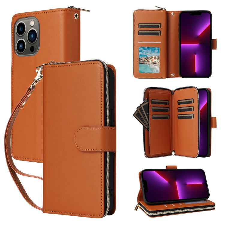 For iPhone 13 Pro Nine-card Slots Zipper Wallet Bag Leather Phone Case(Brown) - iPhone 13 Pro Cases by buy2fix | Online Shopping UK | buy2fix