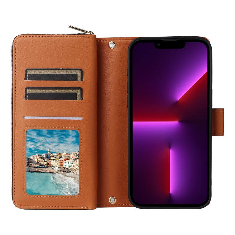 For iPhone 13 Pro Nine-card Slots Zipper Wallet Bag Leather Phone Case(Brown) - iPhone 13 Pro Cases by buy2fix | Online Shopping UK | buy2fix
