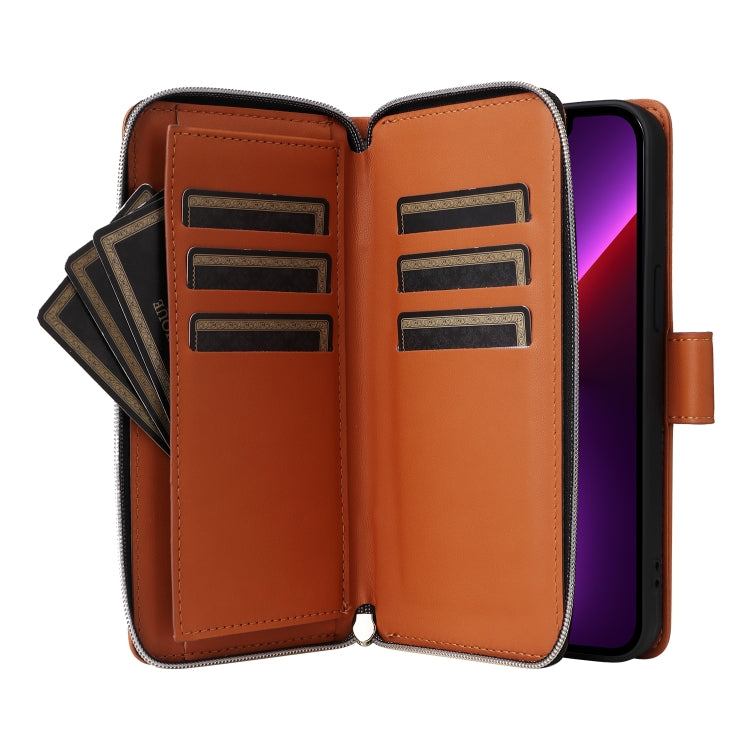 For iPhone 13 Pro Nine-card Slots Zipper Wallet Bag Leather Phone Case(Brown) - iPhone 13 Pro Cases by buy2fix | Online Shopping UK | buy2fix