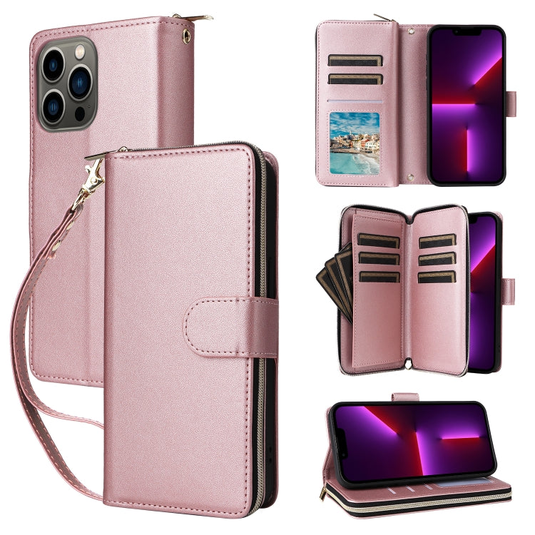 For iPhone 13 Pro Nine-card Slots Zipper Wallet Bag Leather Phone Case(Rose Gold) - iPhone 13 Pro Cases by buy2fix | Online Shopping UK | buy2fix