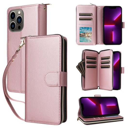 For iPhone 13 Pro Nine-card Slots Zipper Wallet Bag Leather Phone Case(Rose Gold) - iPhone 13 Pro Cases by buy2fix | Online Shopping UK | buy2fix