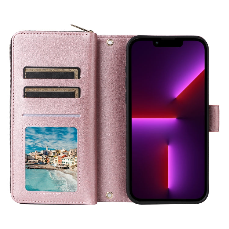 For iPhone 13 Pro Nine-card Slots Zipper Wallet Bag Leather Phone Case(Rose Gold) - iPhone 13 Pro Cases by buy2fix | Online Shopping UK | buy2fix