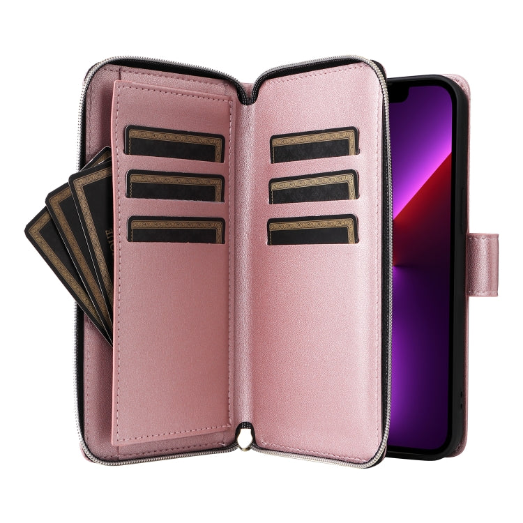 For iPhone 13 Pro Nine-card Slots Zipper Wallet Bag Leather Phone Case(Rose Gold) - iPhone 13 Pro Cases by buy2fix | Online Shopping UK | buy2fix