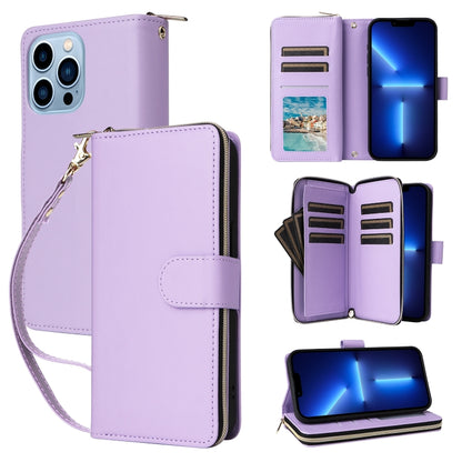 For iPhone 13 Pro Max Nine-card Slots Zipper Wallet Bag Leather Phone Case(Light Purple) - iPhone 13 Pro Max Cases by buy2fix | Online Shopping UK | buy2fix
