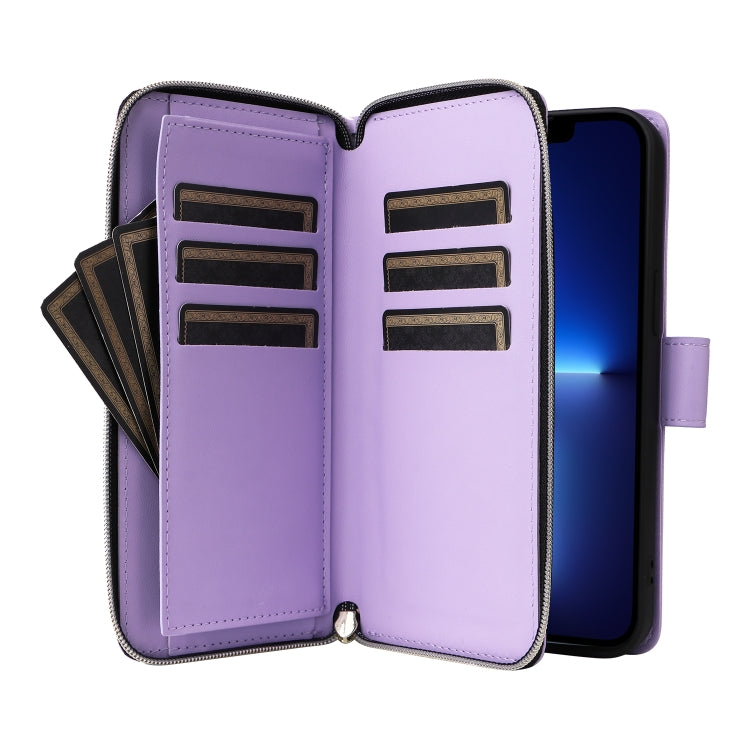 For iPhone 13 Pro Max Nine-card Slots Zipper Wallet Bag Leather Phone Case(Light Purple) - iPhone 13 Pro Max Cases by buy2fix | Online Shopping UK | buy2fix