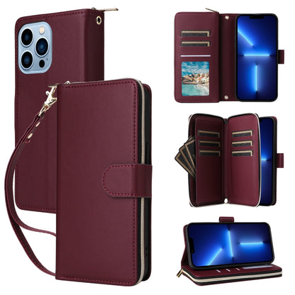 For iPhone 13 Pro Max Nine-card Slots Zipper Wallet Bag Leather Phone Case(Wine Red) - iPhone 13 Pro Max Cases by buy2fix | Online Shopping UK | buy2fix