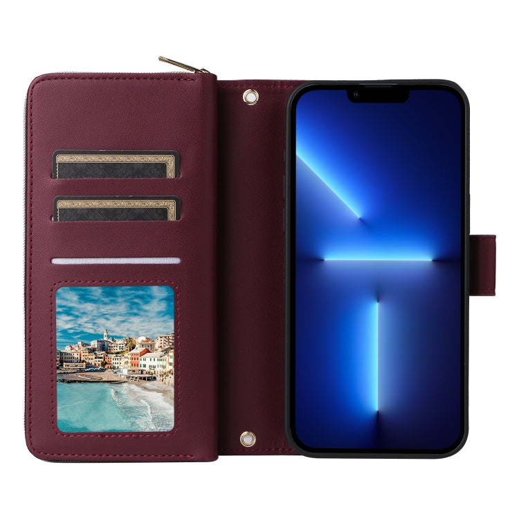 For iPhone 13 Pro Max Nine-card Slots Zipper Wallet Bag Leather Phone Case(Wine Red) - iPhone 13 Pro Max Cases by buy2fix | Online Shopping UK | buy2fix