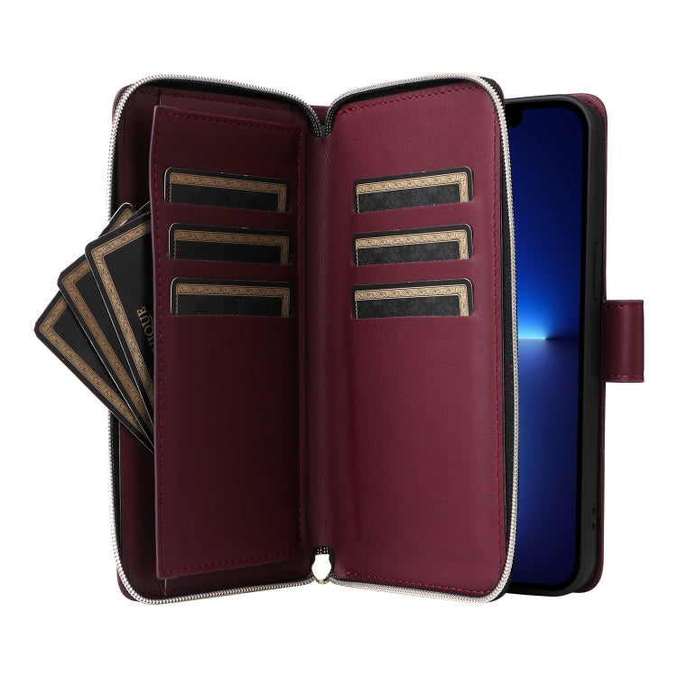 For iPhone 13 Pro Max Nine-card Slots Zipper Wallet Bag Leather Phone Case(Wine Red) - iPhone 13 Pro Max Cases by buy2fix | Online Shopping UK | buy2fix