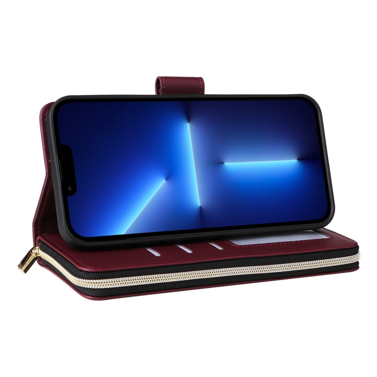 For iPhone 13 Pro Max Nine-card Slots Zipper Wallet Bag Leather Phone Case(Wine Red) - iPhone 13 Pro Max Cases by buy2fix | Online Shopping UK | buy2fix