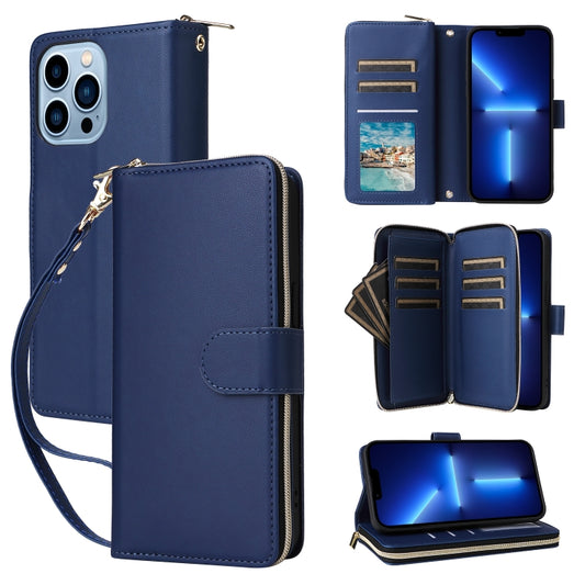 For iPhone 13 Pro Max Nine-card Slots Zipper Wallet Bag Leather Phone Case(Blue) - iPhone 13 Pro Max Cases by buy2fix | Online Shopping UK | buy2fix