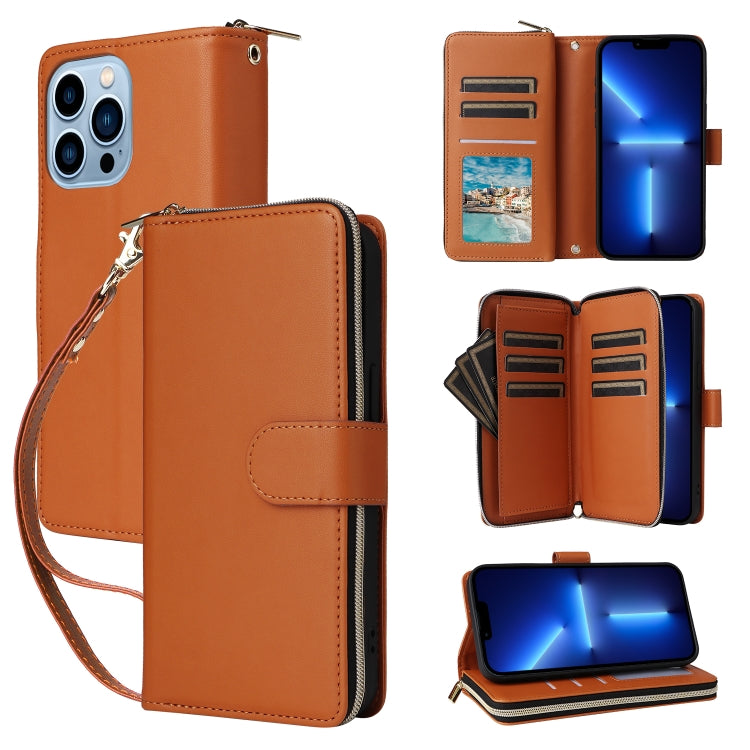 For iPhone 13 Pro Max Nine-card Slots Zipper Wallet Bag Leather Phone Case(Brown) - iPhone 13 Pro Max Cases by buy2fix | Online Shopping UK | buy2fix
