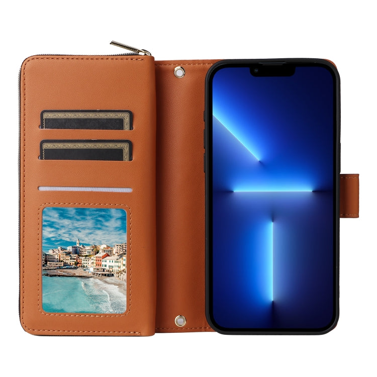 For iPhone 13 Pro Max Nine-card Slots Zipper Wallet Bag Leather Phone Case(Brown) - iPhone 13 Pro Max Cases by buy2fix | Online Shopping UK | buy2fix