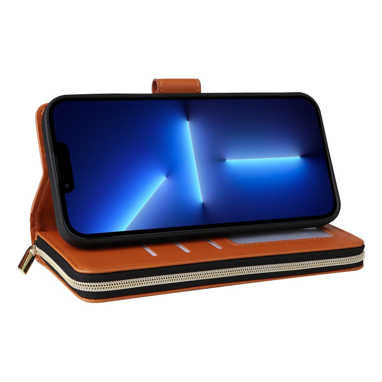 For iPhone 13 Pro Max Nine-card Slots Zipper Wallet Bag Leather Phone Case(Brown) - iPhone 13 Pro Max Cases by buy2fix | Online Shopping UK | buy2fix