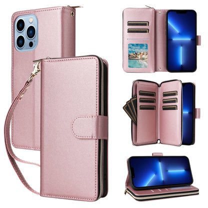 For iPhone 13 Pro Max Nine-card Slots Zipper Wallet Bag Leather Phone Case(Rose Gold) - iPhone 13 Pro Max Cases by buy2fix | Online Shopping UK | buy2fix