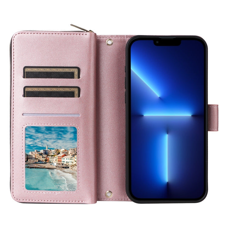 For iPhone 13 Pro Max Nine-card Slots Zipper Wallet Bag Leather Phone Case(Rose Gold) - iPhone 13 Pro Max Cases by buy2fix | Online Shopping UK | buy2fix