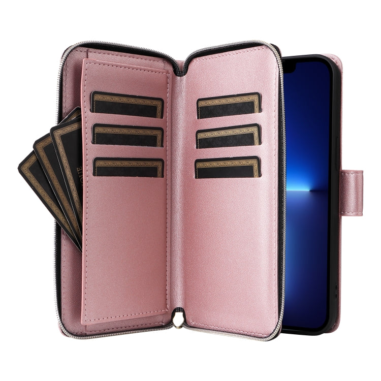 For iPhone 13 Pro Max Nine-card Slots Zipper Wallet Bag Leather Phone Case(Rose Gold) - iPhone 13 Pro Max Cases by buy2fix | Online Shopping UK | buy2fix