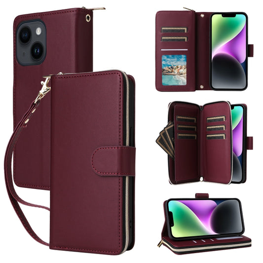 For iPhone 14 / 13 Nine-card Slots Zipper Wallet Bag Leather Phone Case(Wine Red) - iPhone 14 Cases by buy2fix | Online Shopping UK | buy2fix