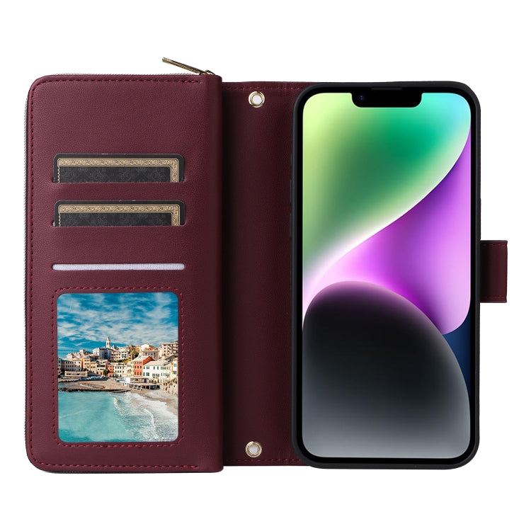 For iPhone 14 / 13 Nine-card Slots Zipper Wallet Bag Leather Phone Case(Wine Red) - iPhone 14 Cases by buy2fix | Online Shopping UK | buy2fix