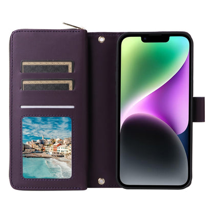 For iPhone 14 / 13 Nine-card Slots Zipper Wallet Bag Leather Phone Case(Dark Purple) - iPhone 14 Cases by buy2fix | Online Shopping UK | buy2fix
