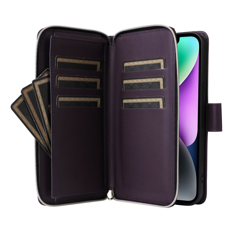 For iPhone 14 / 13 Nine-card Slots Zipper Wallet Bag Leather Phone Case(Dark Purple) - iPhone 14 Cases by buy2fix | Online Shopping UK | buy2fix